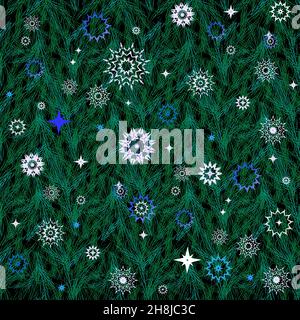 Verschiedene Schneeflocken auf dem Hintergrund der Nadeln nahtloses Muster Stockfoto