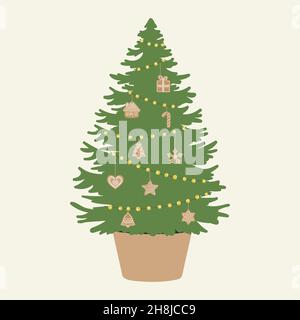 Weihnachtsbaum im Eimer mit Lebkuchen, die an einem Seil hängen. Ökologischer Weihnachtsbaum. Handgezeichnete Vektorgrafik Stock Vektor