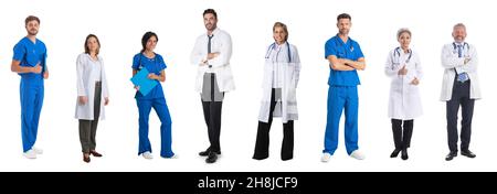 Sammlung von Porträts von Ärzten und Krankenschwestern in voller Länge, Design-Element, Studio isoliert auf weißem Hintergrund Stockfoto