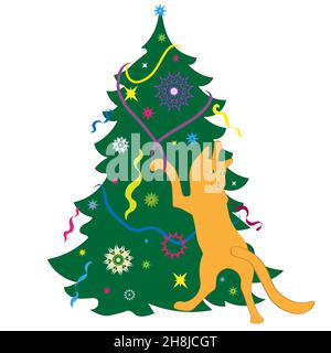 Weihnachtsbaum, der eine lustige rote Katze klettert Stockfoto