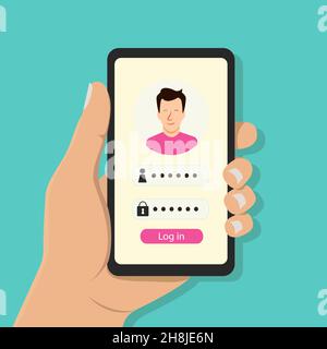 Melden Sie sich mit männlichem Avatar auf dem Smartphone-Bildschirm beim persönlichen Konto an Stock Vektor