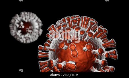 Illustration von Covid-19 Coronavirus-Zellen, Visualisierung des sars-Cov-2-Modells auf schwarzem Hintergrund Stockfoto