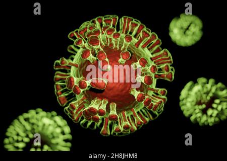 Illustration von Covid-19 Coronavirus-Zellen, Visualisierung des sars-Cov-2-Modells auf schwarzem Hintergrund Stockfoto