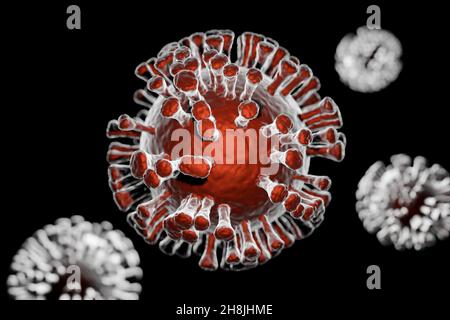 Illustration von Covid-19 Coronavirus-Zellen, Visualisierung des sars-Cov-2-Modells auf schwarzem Hintergrund Stockfoto