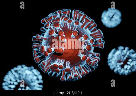 Illustration von Covid-19 Coronavirus-Zellen, Visualisierung des sars-Cov-2-Modells auf schwarzem Hintergrund Stockfoto