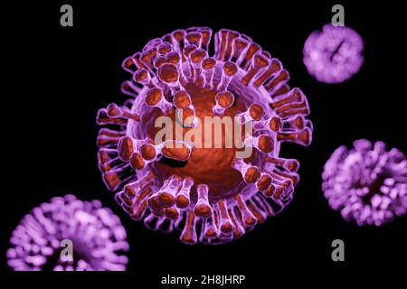 Illustration von Covid-19 Coronavirus-Zellen, Visualisierung des sars-Cov-2-Modells auf schwarzem Hintergrund Stockfoto