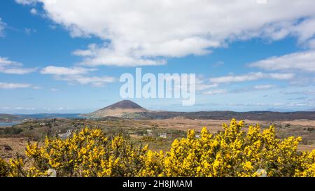 Wunderschöner Panoramablick auf die irische Landschaft mit Blick auf den Tully Mountain vom Diamond Hill im Connemara National Park, County Galway, Irland. Stockfoto