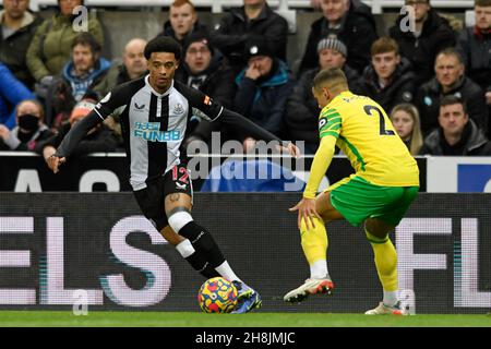 Newcastle, Großbritannien. 30th. November 2021. Jamal Lewis #12 von Newcastle United sucht einen Weg vorbei an Max Aarons #2 von Norwich City in Newcastle, Großbritannien am 11/30/2021. (Foto von Simon Whitehead/News Images/Sipa USA) Quelle: SIPA USA/Alamy Live News Stockfoto