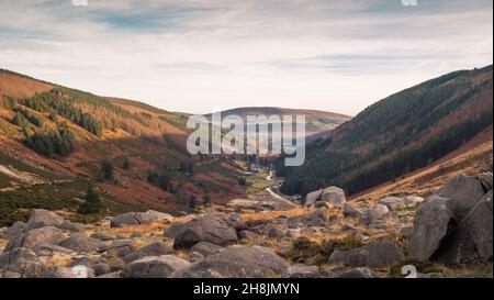 Blick auf das Glendasan Valley, Teil des Wicklow Gap, County Wicklow, Irland. Stockfoto