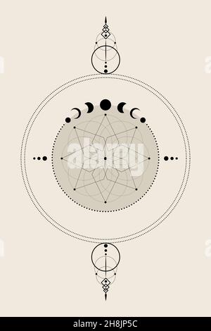 Mystische Acht-zackige Stern- und Mondphasen, Heilige Geometrie. Traumfänger, Blume des Lebens. Heidnische Wiccan Göttin Symbol, Wicca Banner Zeichen, Energie Stock Vektor