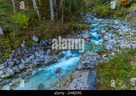 Zauberwald oder Zauberwald mit der Ramsauer Ache bei Hintersee in Herbstfarben, Ramsau, Oberbayern, Süddeutschland Stockfoto