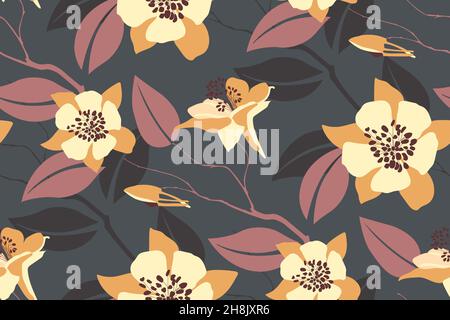 Vektor-Nahtloses Blumenmuster. Gelb-orange Blüten, Zweige und Blätter isoliert auf einem dunkelgrauen Hintergrund. Stock Vektor