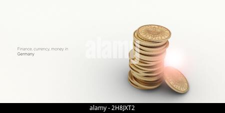 Deutsche Währung. Isolierte Münzen 3D Abbildung. Münzen stapelten sich mit wirtschaftlichen, finanziellen und Handelskonzepten Hintergrund. Stockfoto