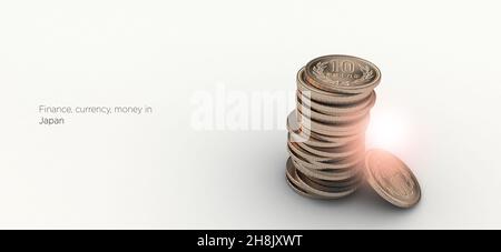 Japanische Währung. Isolierte Münzen 3D Abbildung. Münzen stapelten sich mit wirtschaftlichen, finanziellen und Handelskonzepten Hintergrund. Stockfoto
