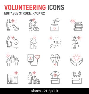 Symbole für ehrenamtliche Tätigkeiten, Kollektion für wohltätige Zwecke, Vektorgrafiken, Logo-Illustrationen, Symbole für ehrenamtliche Tätigkeiten, Humanitäre Zeichen, skizzieren Piktogramme, editierbarer Strich Stock Vektor