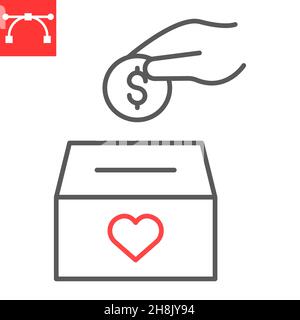 Spende Linie Symbol, Spenden-Box und Freiwilligenarbeit, Hand Putting Geld Vektor-Symbol, Vektorgrafiken, editierbare Kontur Umriss Zeichen, eps 10. Stock Vektor