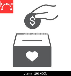 Spende Glyphe Symbol, Spenden-Box und Freiwilligenarbeit, Hand Putting Geld Vektor-Symbol, Vektorgrafiken, editierbare Strich solide Zeichen, eps 10. Stock Vektor