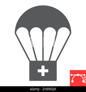 Fallschirm mit Glyphen-Symbol für erste Hilfe, medizinische Box und Notfall, Vektor-Symbol für humanitäre Hilfe, Vektorgrafiken, editierbarer Schlag, solides Zeichen, eps 10. Stock Vektor