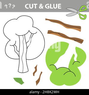 Bildung Papier Spiel für die Entwicklung von Kindern im Vorschulalter. Teile ausschneiden und auf das Papier kleben. Vektorgrafik. Grüner Baum Stock Vektor