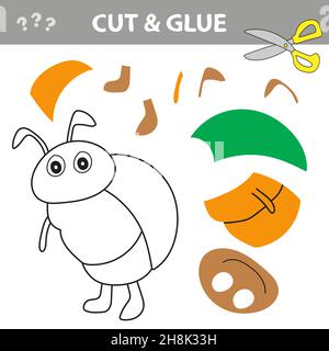Cut and Leim - einfaches Spiel für Kinder. Verwenden Sie Schere und Kleber und stellen Sie das Bild innerhalb der Kontur wieder her. Papier-Spiel für Kinder mit Bug. Stock Vektor