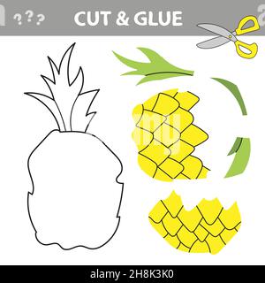 Cut and Leim - einfaches Spiel für Kinder. Verwenden Sie Schere und Kleber und stellen Sie das Bild wieder her. Pädagogisches Papier Spiel für Kinder mit Ananas. Stock Vektor