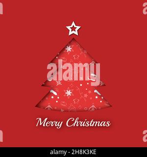 Frohe Weihnachten Grußkarte Illustration. Roter Weihnachtsbaum mit Muster Stockfoto