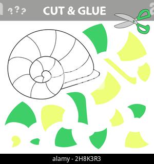 Cut and Leim - einfaches Spiel für Kinder. Verwenden Sie Schere und Kleber und stellen Sie das Bild innerhalb der Kontur wieder her. Einfaches Papier Spiel für Kinder mit Muschel Stock Vektor