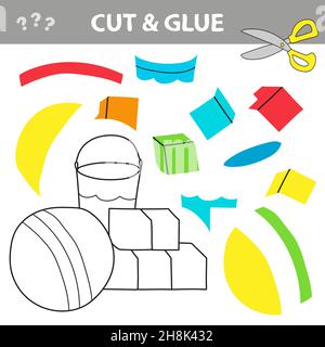 Cut and Leim - einfaches Spiel für Kinder. Arbeitsblatt mit Spielzeug für Kinder. Kinder Kunst Spiel. Kinder basteln Aktivitätsseite. Stock Vektor