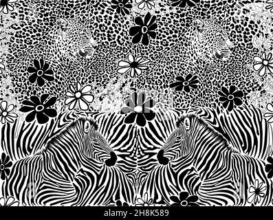 Camouflage und Leoparden- und Zebraköpfe mit Cartoon-Blumen Stock Vektor