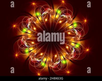 Goldene fraktale Blume mit Sternen - abstrakte computergenerierte Illustration Stockfoto