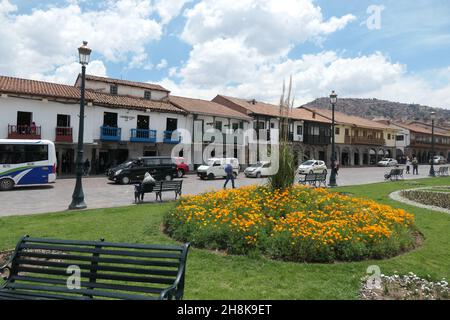 Häuser mit Balkon in Cusco Peru Stockfoto