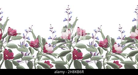 Vektor florales Nahtloses Muster, Rand. Grünes Laub, violetter Salbei, rosa und kastanienbraune Blüten. Stock Vektor
