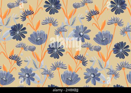 Vektor-Nahtloses Blumenmuster. Blaue Blumen isoliert auf beigem Hintergrund. Stock Vektor
