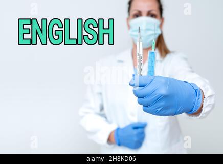 Konzeptionelle Darstellung Englisch. Internetkonzept im Zusammenhang mit England zeigt Sprachkultur British Literature class Testen eines neuen Impfstoffs gegen das Virus Stockfoto