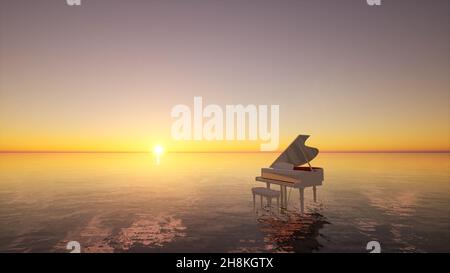 Surreale Meereszene mit weißem Klavier auf dem Wasser bei Sonnenuntergang. 3D Abbildung. Stockfoto