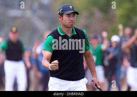 Hideki Matsuyama aus Japan feiert nach dem Putting während der Runde 2 des Presidents Cup Credit: Speed Media/Alamy Live News Stockfoto