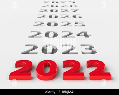 2022 Zukunft steht für das neue Jahr 2022, dreidimensionale Darstellung, 3D Illustration Stockfoto