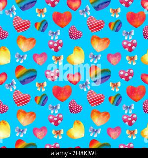 Nahtloser Hintergrund. Herzen Aquarell. Alles Liebe zum Valentinstag. Blauer Hintergrund. Stockfoto