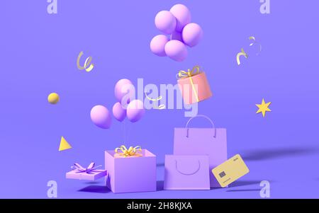 Geschenke und Einkaufstasche mit violettem Hintergrund, 3D Rendering. Digitale Zeichnung des Computers. Stockfoto