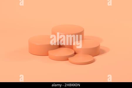 Bühne und Geometrie mit orangefarbenem Hintergrund, 3d-Rendering. Digitale Zeichnung des Computers. Stockfoto