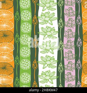 Vektor mehrfarbige vertikale Reihen von Lotusblumen, Blatt und Samen Hülsen Streifen 04 Wiederholung Muster. Geeignet für Textilien, Geschenkpapier und Tapeten. Stock Vektor