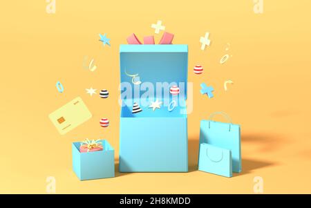 Geschenke und Einkaufstaschen mit gelbem Hintergrund, 3D Rendering. Digitale Zeichnung des Computers. Stockfoto