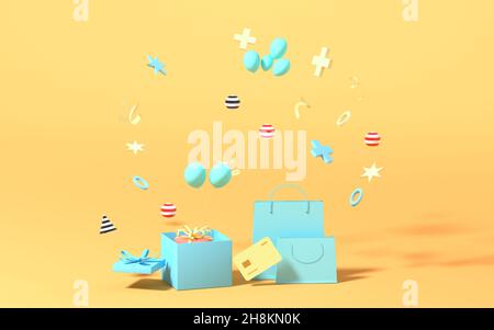 Geschenke und Einkaufstaschen mit gelbem Hintergrund, 3D Rendering. Digitale Zeichnung des Computers. Stockfoto