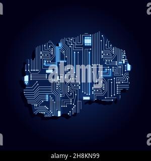 Konturkarte von Nord-Mazedonien mit technologischer Elektronik. Stock Vektor