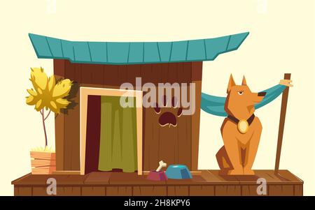 Hund, der in der Nähe von Holzzwinger sitzt, mit Knochen und Wasser in Schüsseln. Vektor-Cartoon-Illustration von niedlichen Welpen Champion mit Goldmedaille und hundehütte isoliert auf dem Hintergrund Stock Vektor