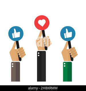 Viele Hände halten Bretter mit dem Schild „Daumen hoch“. Feedback, Abstimmungskonzept. Vektor, Illustration, flach. Stock Vektor