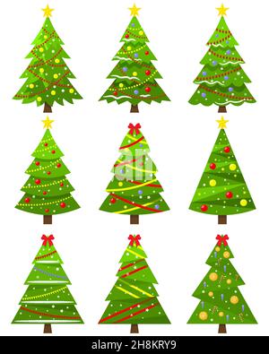 Dekorative Weihnachtsbäume Ikonen Set. Niedliche Weihnachtsbäume mit Spielzeug. Tannenbaum. Kiefernbaum. Fichte. Vektorgrafik. Stock Vektor
