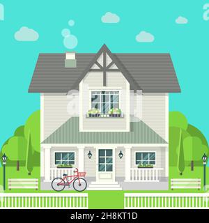Modernes grafisches Architekturdesign. Buntes Set: Haus, Bank, Hof, Fahrrad, Blumen und Bäume. Vektor mit flachem Stil Stock Vektor