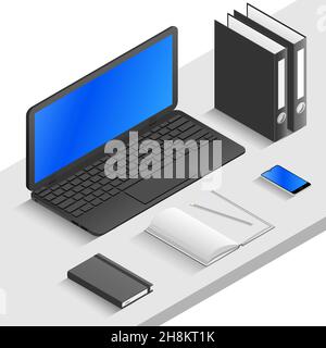 Arbeit, Büroarbeitsplatz, Schreibtisch mit Laptop und Dokumenten, Notizblock, Ordner und Kaffeebecher, isometrisch 3D Stock Vektor