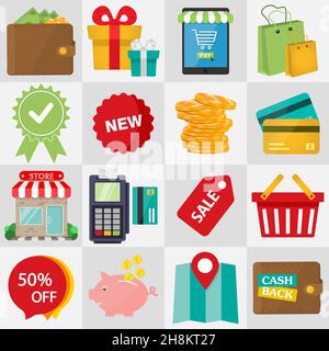Shopping Flat Icon Set für Web und Mobile Application. vector Stock Vektor